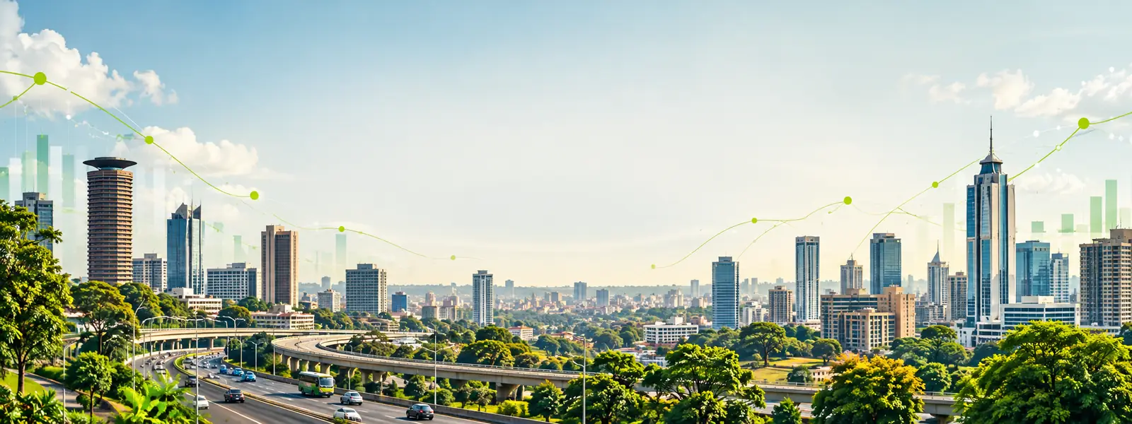 Nairobi street and skyline in daylight with a subtle data grid.