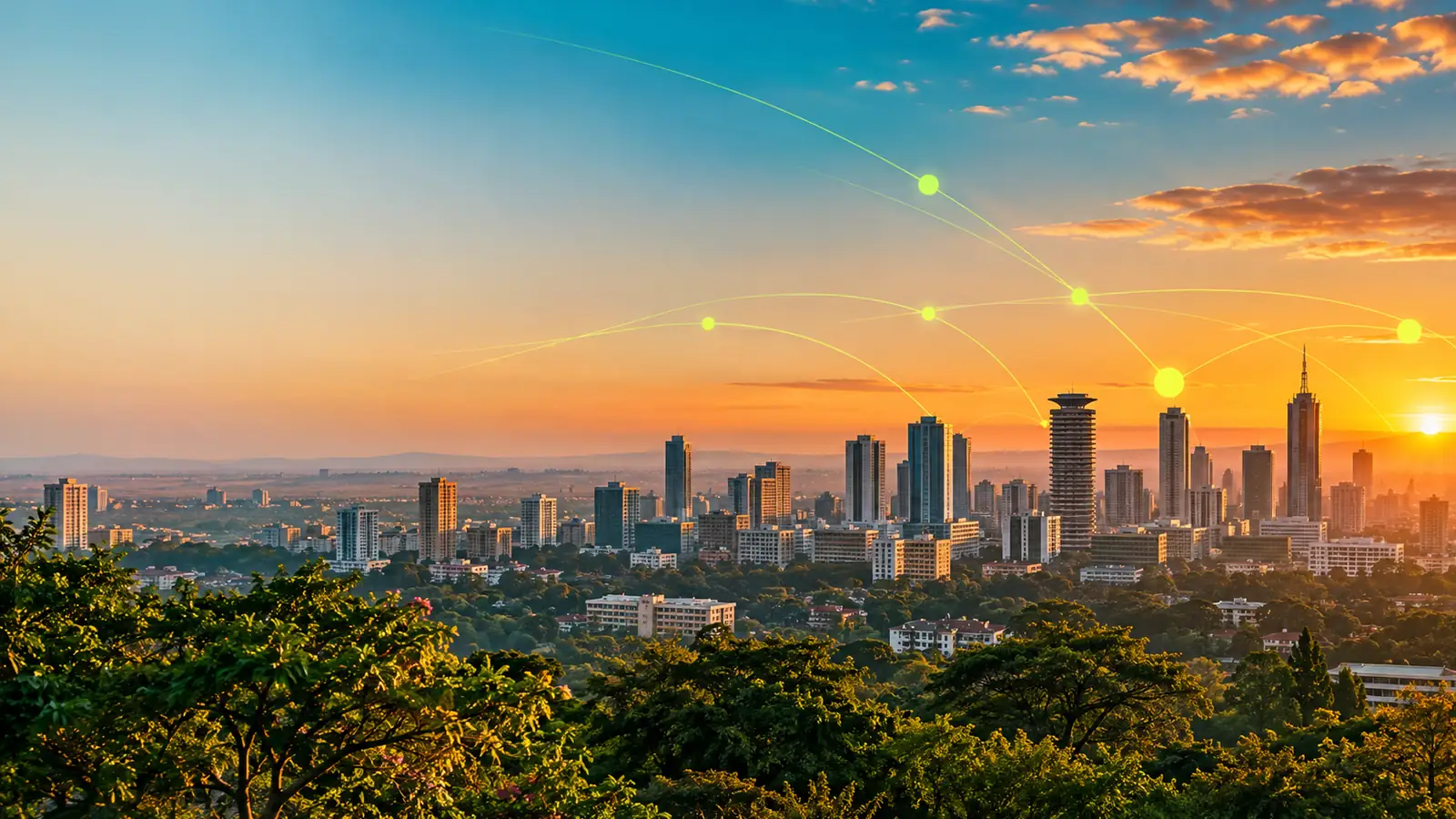 Nairobi skyline at golden hour with glowing data lines across the sky.
