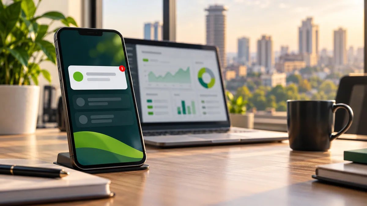 Phone showing an alert notification next to a monitoring dashboard on a laptop.