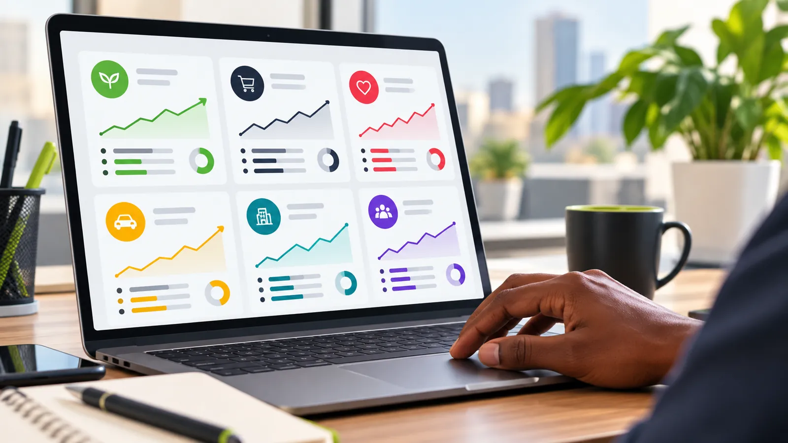 Agency account manager using a dashboard with many client brand tiles.