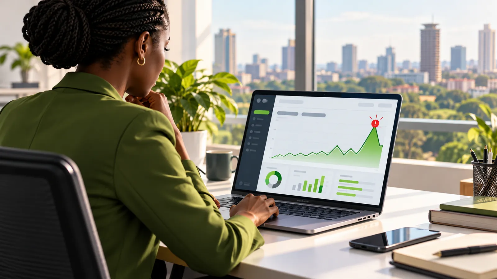 PR manager at a laptop watching a spike in mentions on a chart.