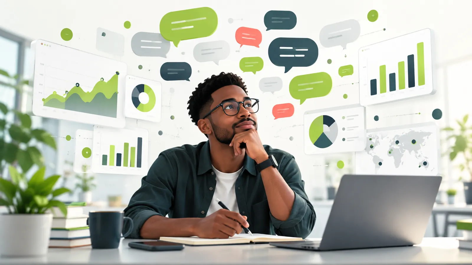 Market research analyst surrounded by floating charts and speech bubbles.